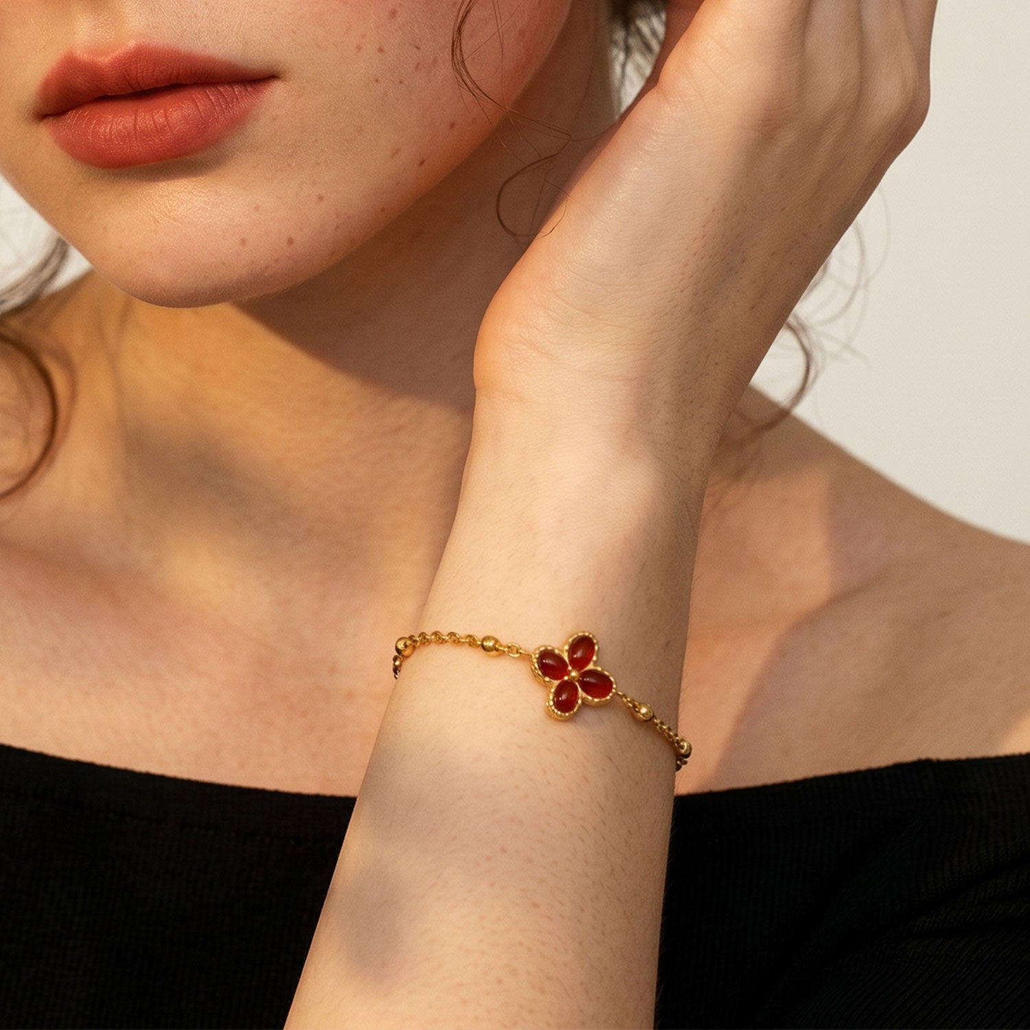 Red Agate Floral Chain Bracelet