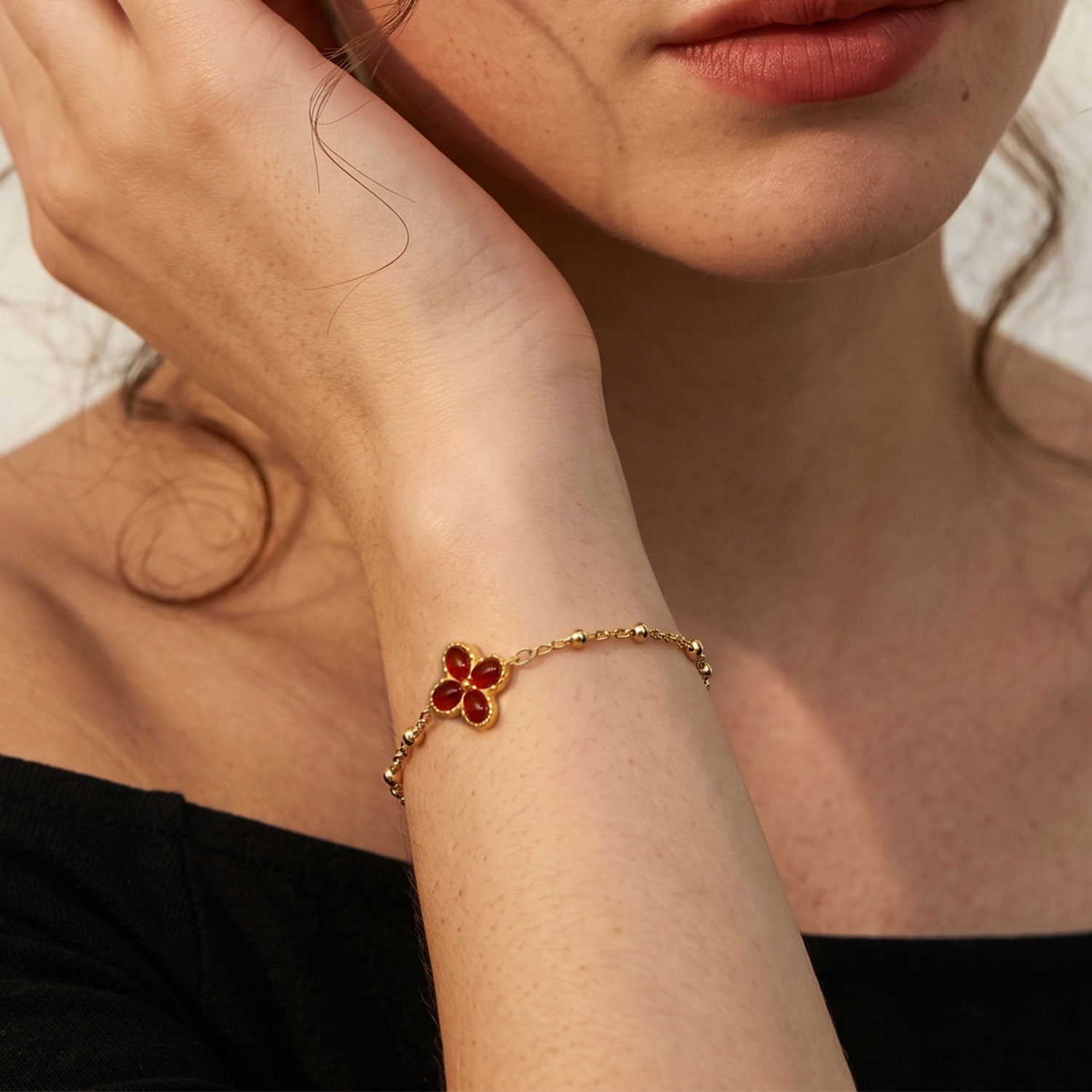 Red Agate Floral Chain Bracelet