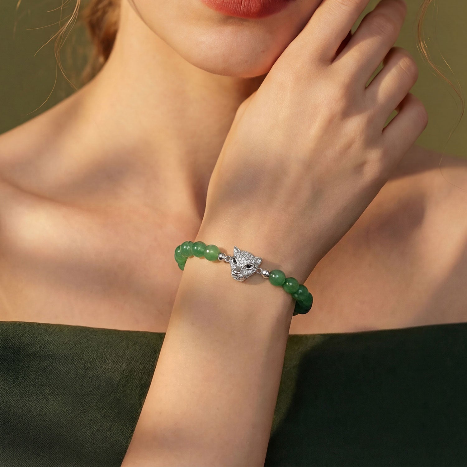 Green Strawberry Quartz Leopard Bracelet