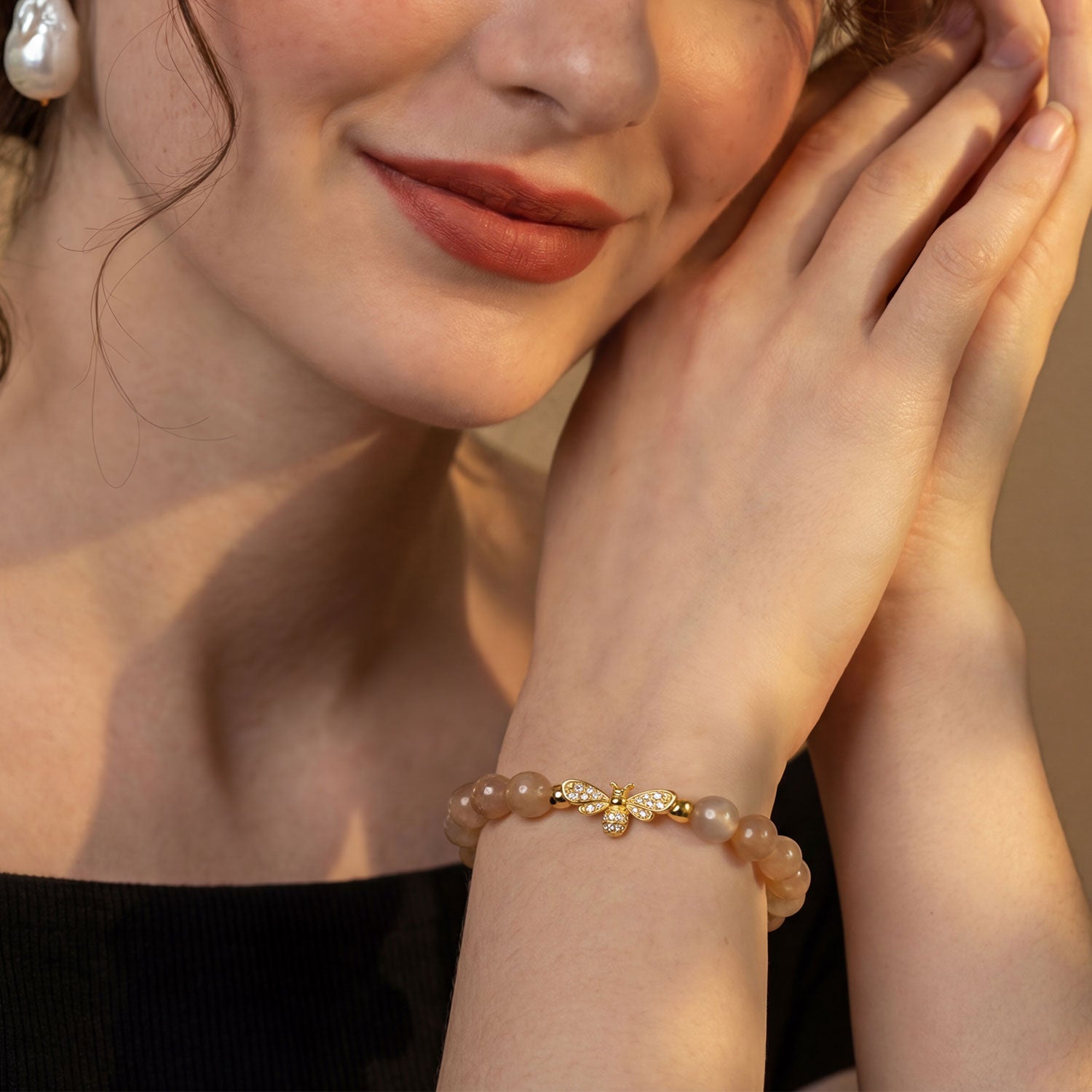 Peach Moonstone Bee Bracelet